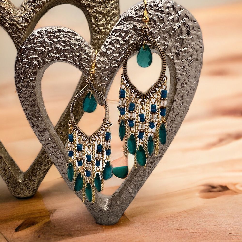 3/$25 Boho Style Teal Turquoise Gold Long Beaded Waterdrop Dangle Earrings - Picture 3 of 4